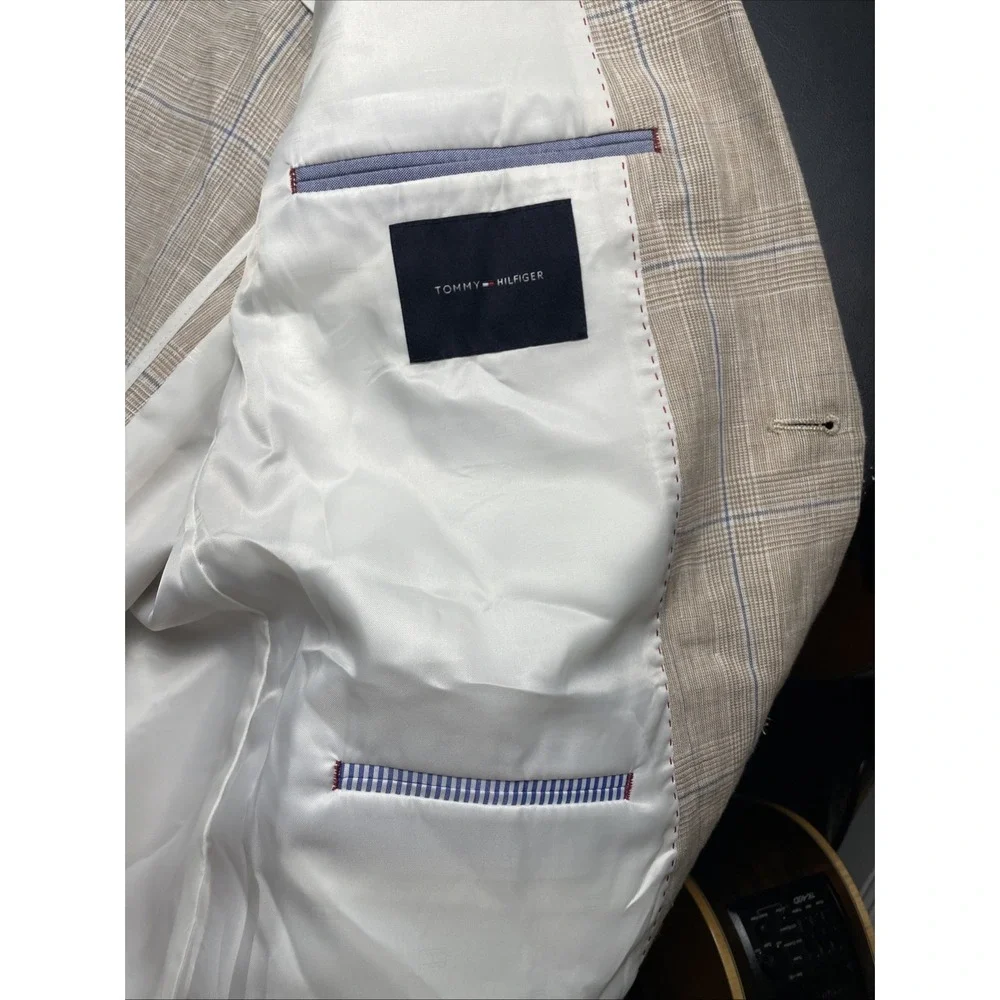 Tommy Hilfiger Linen Unstructured Windowpane Two Button Patch Pockets Blazer